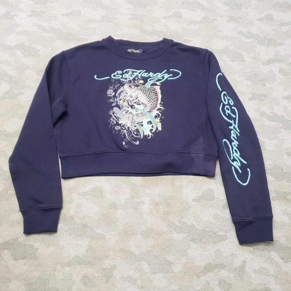 Ed Hardy Sweatshirt Womens Medium Blue Cropped Pullover Koi Fish